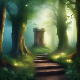 Create a captivating book cover featuring an enchanting forest with a mysterious pathway leading to a hidden castle