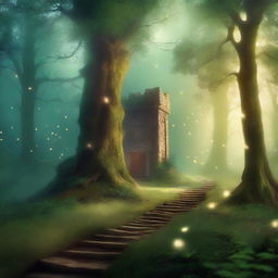 Create a captivating book cover featuring an enchanting forest with a mysterious pathway leading to a hidden castle