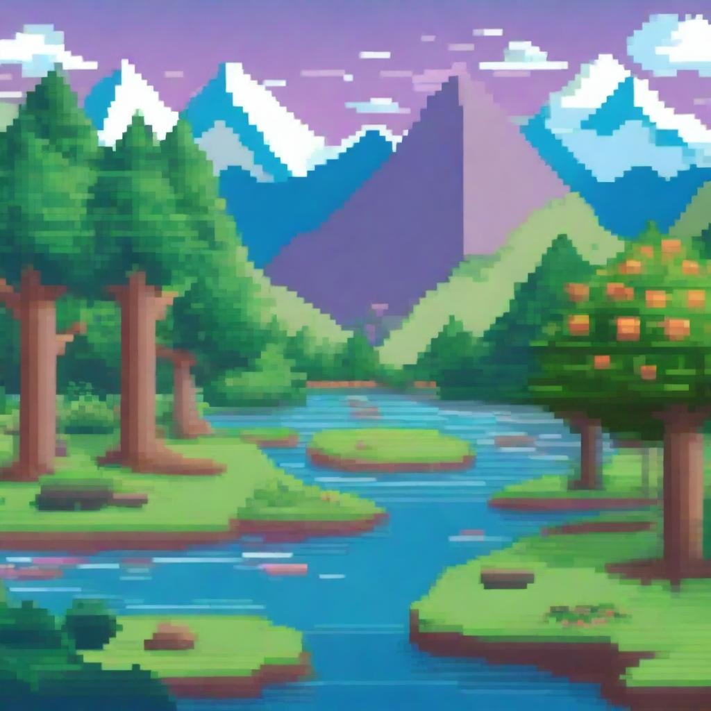 A vibrant and detailed pixel art scene featuring a colorful landscape with trees, mountains, and a river