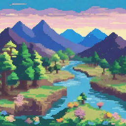 A vibrant and detailed pixel art scene featuring a colorful landscape with trees, mountains, and a river