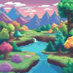 A vibrant and detailed pixel art scene featuring a colorful landscape with trees, mountains, and a river