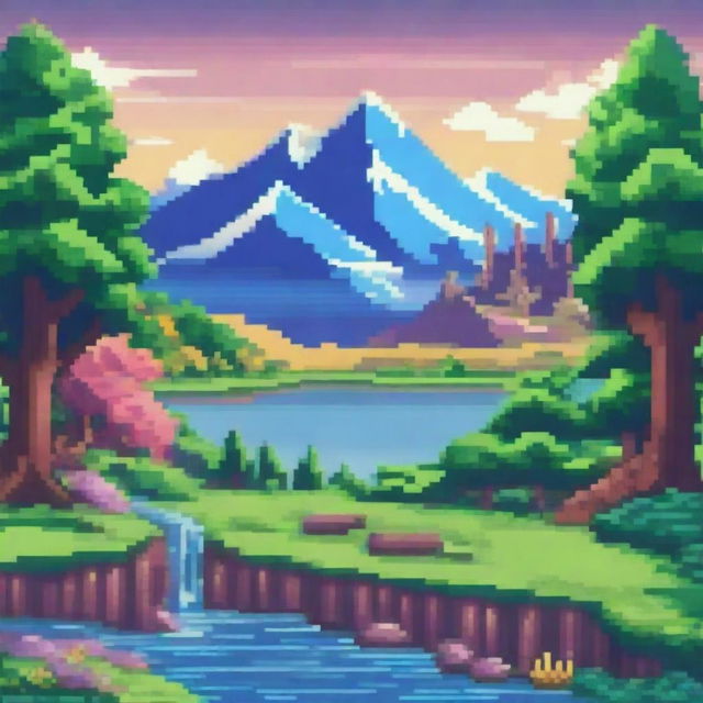 A vibrant and detailed pixel art scene featuring a colorful landscape with trees, mountains, and a river