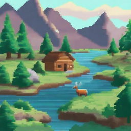 Create a detailed pixel art image featuring a vibrant landscape with mountains, trees, and a river