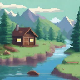 Create a detailed pixel art image featuring a vibrant landscape with mountains, trees, and a river