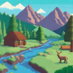 Create a detailed pixel art image featuring a vibrant landscape with mountains, trees, and a river