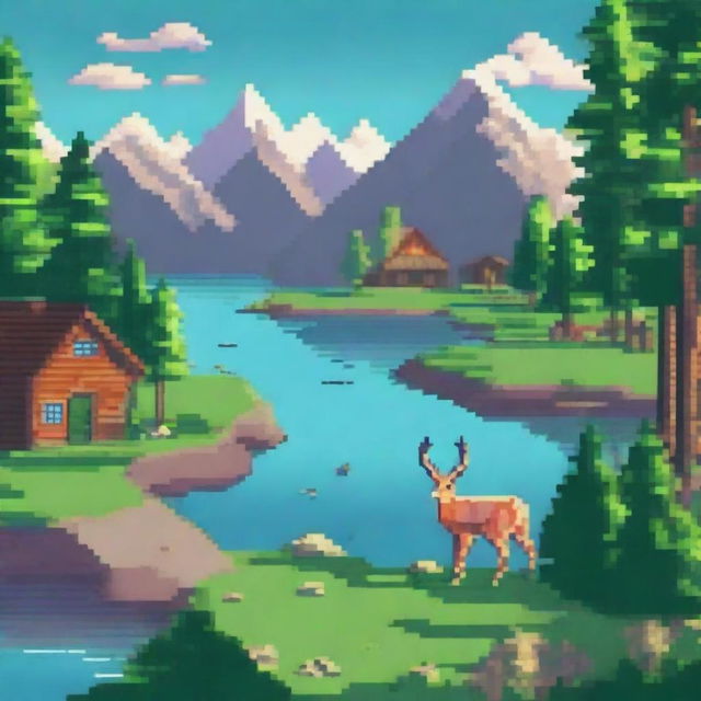 Create a detailed pixel art image featuring a vibrant landscape with mountains, trees, and a river