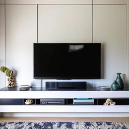 An elegant and modern living room with a strategically placed TV wall. The wall is adorned with interesting design elements that serve both functional and aesthetic purposes.