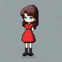 A pixel art image of a girl with brown hair, wearing black shoes and a red dress