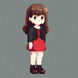 A pixel art image of a girl with brown hair, wearing black shoes and a red dress