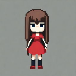 A pixel art image of a girl with brown hair, wearing black shoes and a red dress