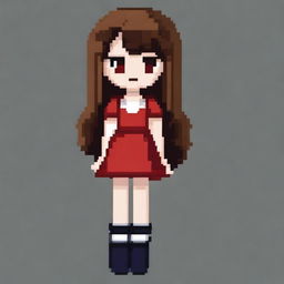 A pixel art image of a girl with brown hair, wearing black shoes and a red dress