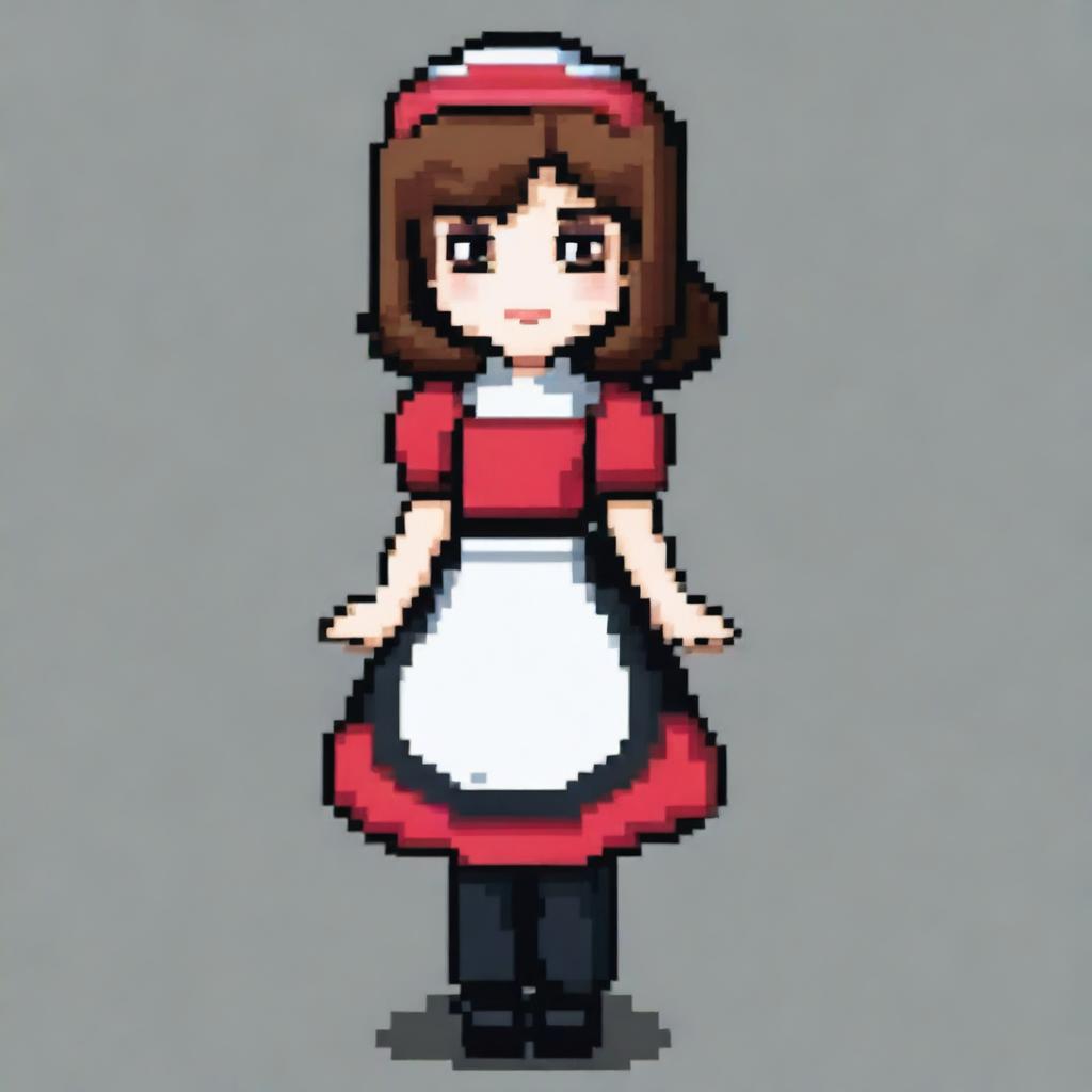 A pixel art image of a housemaid girl with brown hair, wearing black shoes and a red dress