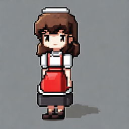 A pixel art image of a housemaid girl with brown hair, wearing black shoes and a red dress