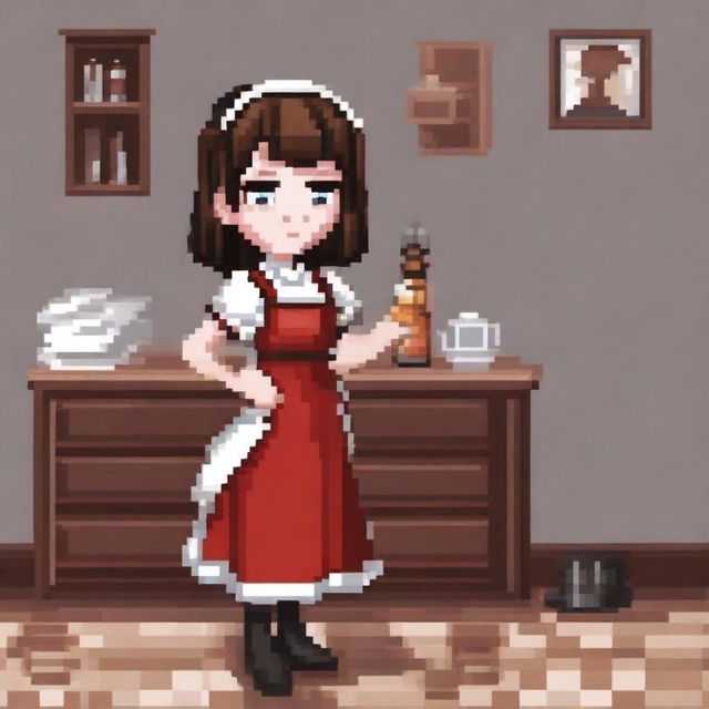 A pixel art image of a housemaid girl with brown hair, wearing black shoes and a red dress