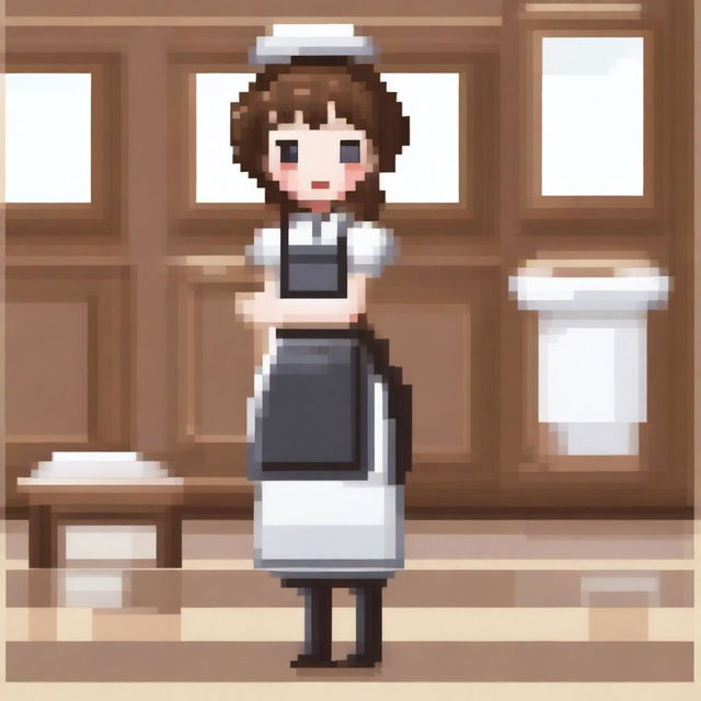 A pixel art image of a housemaid girl with brown hair, wearing black shoes and a traditional housemaid uniform