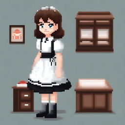 A pixel art image of a housemaid girl with brown hair, wearing black shoes and a traditional housemaid uniform