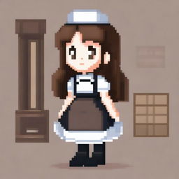 A pixel art image of a housemaid girl with brown hair, wearing black shoes and a traditional housemaid uniform