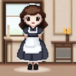 A pixel art image of a housemaid girl with brown hair, wearing black shoes and a traditional housemaid uniform