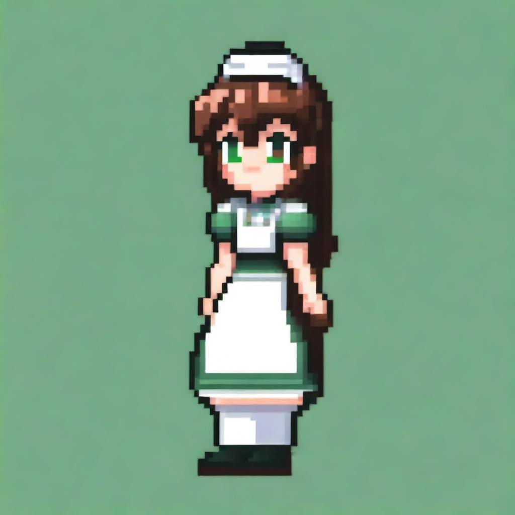 A pixel art image of a housemaid girl with brown hair, green eyes, wearing black shoes and a traditional housemaid uniform