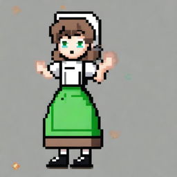 A pixel art image of a housemaid girl with brown hair, green eyes, wearing black shoes and a traditional housemaid uniform