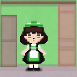 A pixel art image of a housemaid girl with brown hair, green eyes, wearing black shoes and a traditional housemaid uniform