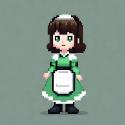 A pixel art image of a housemaid girl with brown hair, green eyes, wearing black shoes and a traditional housemaid uniform