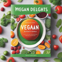 A beautifully designed cookbook cover for vegans, featuring vibrant images of fresh vegetables, fruits, and plant-based dishes