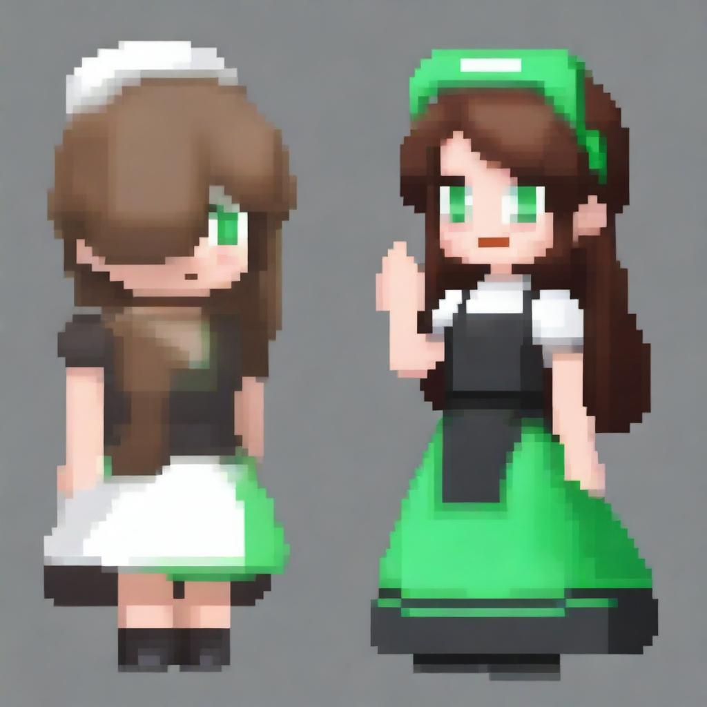 A pixel art image of a housemaid girl with medium brown hair, green eyes, wearing a black dress and black shoes