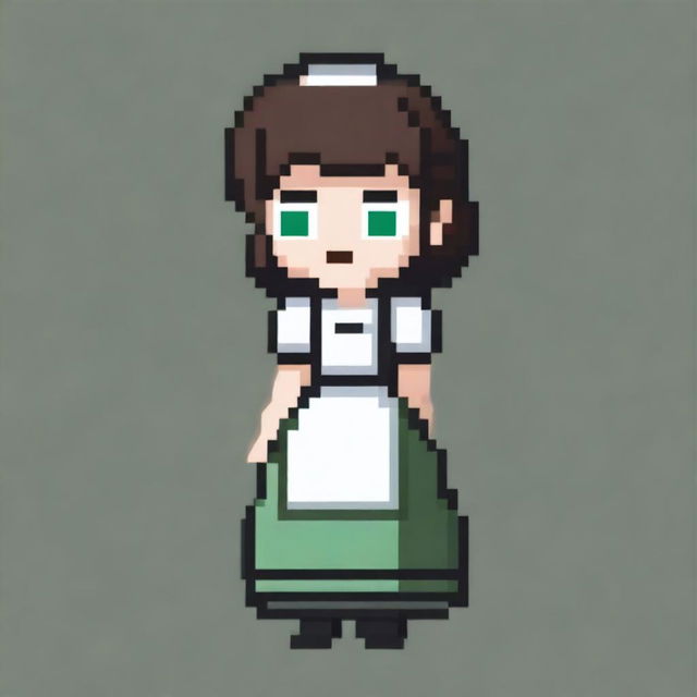 A pixel art image of a housemaid girl with medium brown hair, green eyes, wearing a black dress and black shoes