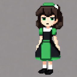 A pixel art image of a housemaid girl with medium brown hair, green eyes, wearing a black dress and black shoes