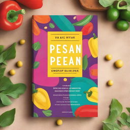 A vibrant and colorful vegan cookbook cover featuring a chic pea and a pepper