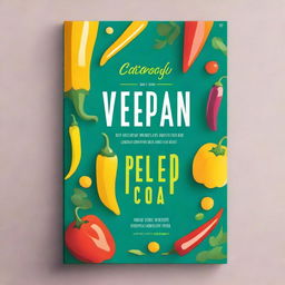 A vibrant and colorful vegan cookbook cover featuring a chic pea and a pepper