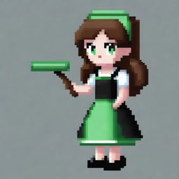 A pixel art image of a housemaid girl with medium brown hair and green eyes, wearing a black dress and black shoes