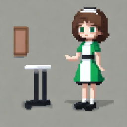 A pixel art image of a housemaid girl with medium brown hair and green eyes, wearing a black dress and black shoes