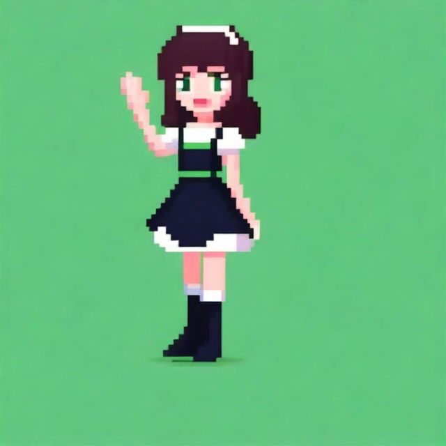 A pixel art image of a housemaid girl with medium brown hair and green eyes, wearing a black dress and black shoes