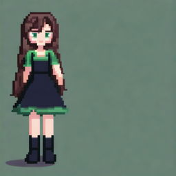 A pixel art image of a girl with medium brown hair and green eyes, wearing a black dress and black shoes