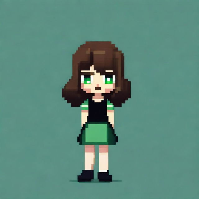 A pixel art image of a girl with medium brown hair and green eyes, wearing a black dress and black shoes