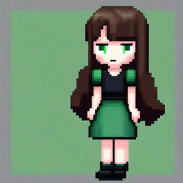 A pixel art image of a girl with medium brown hair and green eyes, wearing a black dress and black shoes