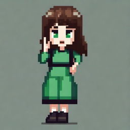 A pixel art image of a girl with medium brown hair and green eyes, wearing a black dress and black shoes