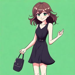 A detailed illustration of a girl with medium brown hair and green eyes, wearing a black dress and black shoes