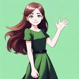 A detailed illustration of a girl with medium brown hair and green eyes, wearing a black dress and black shoes