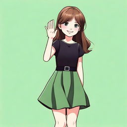 A detailed illustration of a girl with medium brown hair and green eyes, wearing a black dress and black shoes