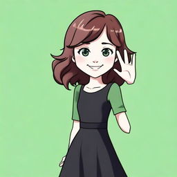 A detailed illustration of a girl with medium brown hair and green eyes, wearing a black dress and black shoes