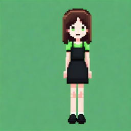 A pixel art image of a girl with medium brown hair, green eyes, wearing a black dress and black shoes