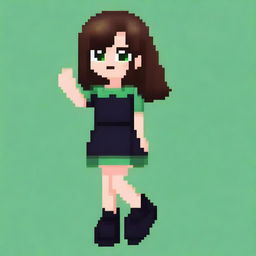 A pixel art image of a girl with medium brown hair, green eyes, wearing a black dress and black shoes