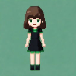 A pixel art image of a girl with medium brown hair, green eyes, wearing a black dress and black shoes