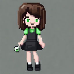 A pixel art image of a girl with medium brown hair, green eyes, wearing a black dress and black shoes