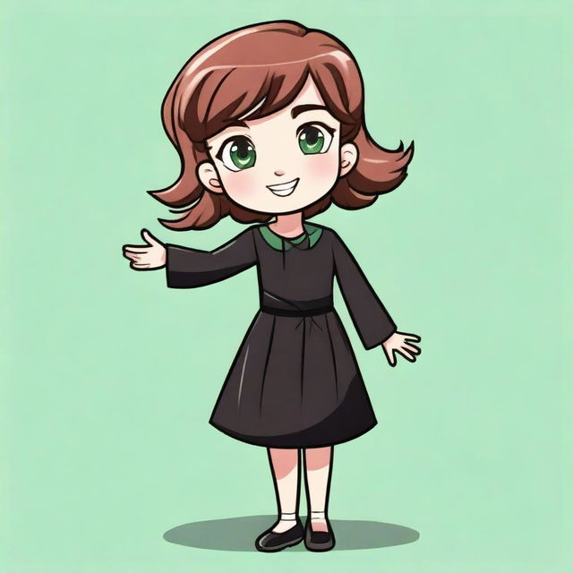 A detailed illustration of a girl with brown hair and green eyes, wearing a black dress and black shoes