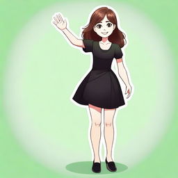 A detailed illustration of a girl with brown hair and green eyes, wearing a black dress and black shoes