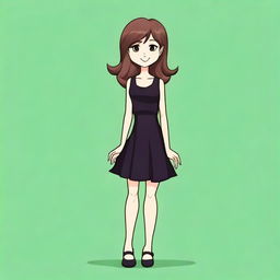 A detailed illustration of a girl with brown hair and green eyes, wearing a black dress and black shoes